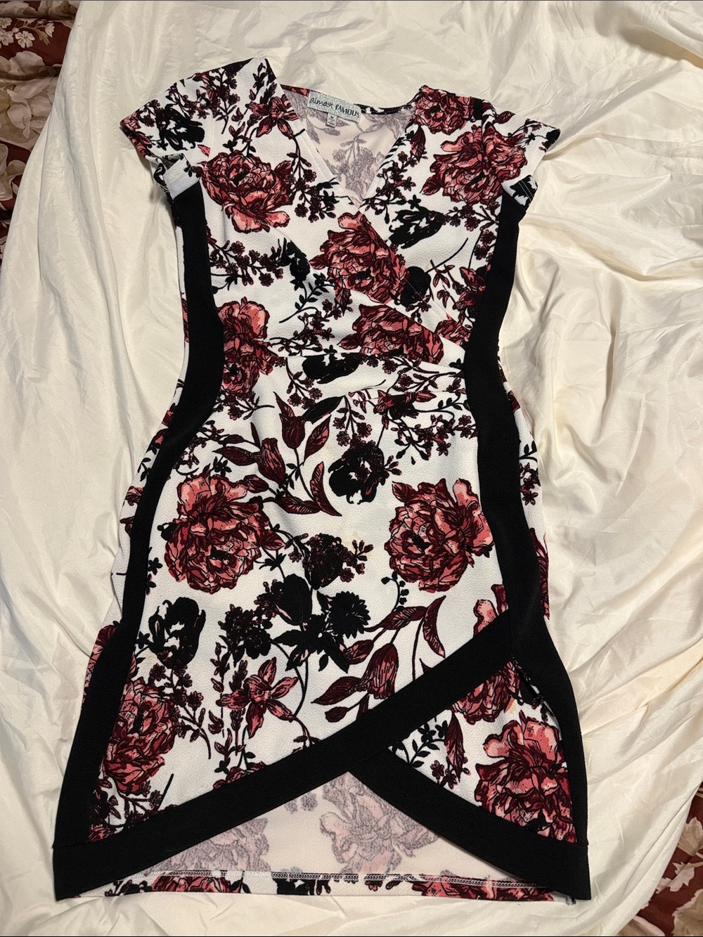 Almost Famous White Mini Dress with Rose Print and Black Panels